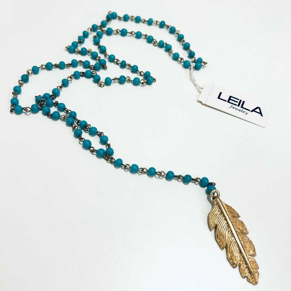 Leila Turquoise Beaded Necklace with Gold Feather Pendant